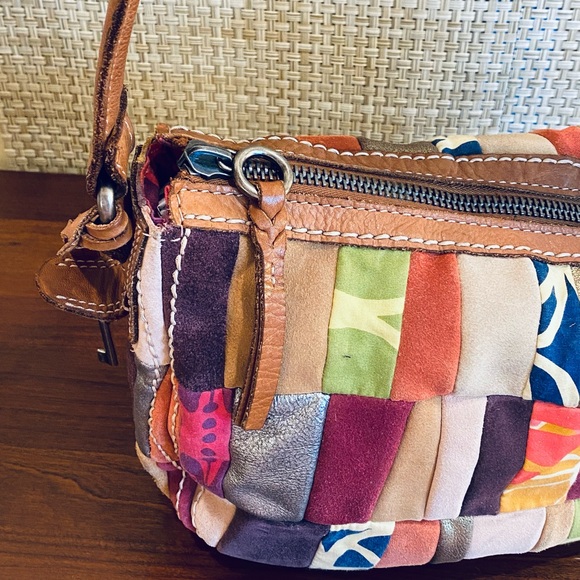 🌟4xHP🌟VTG 1990s Fossil Patchwork Leather & Suede Shoulder Bag - Picture 7 of 15